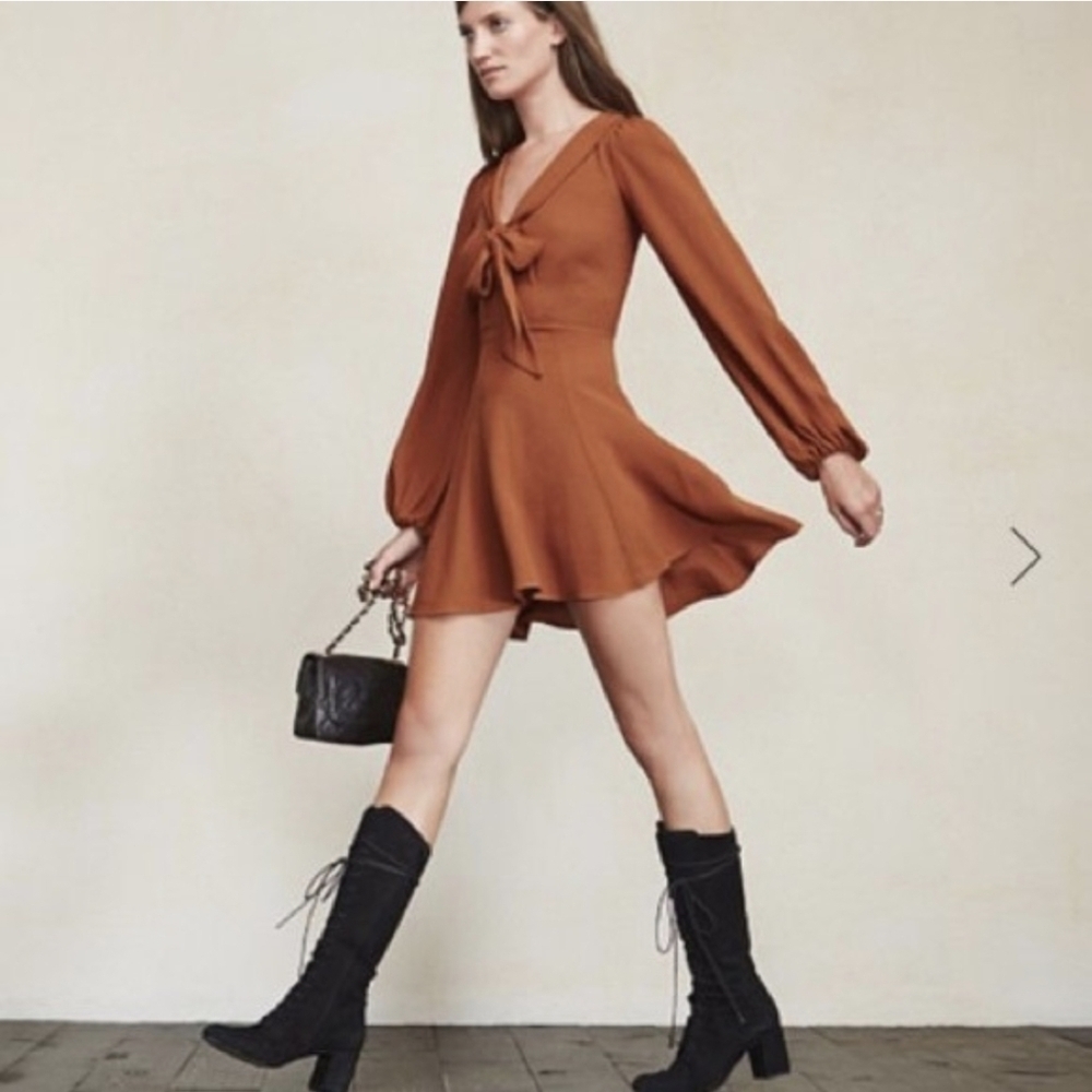 Reformation Rosetta Long Sleeve Dress In Cognac